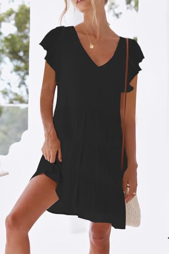 Image of nclook Womens Summer Casual Dresses Sweet Cute V Neck Mini Dress with Pockets Ruffle Short Sleeve
