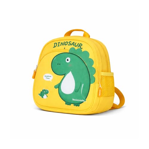 Image of WISHKEY Waterproof Small Size Bag,Picnic & Fancy Kindergarten Bags for Toddler Boys & Girls, Lightweight Cute Cartoon 3D Dinosaur Nursery Mini Dino Backpack for Kids 2 To 5 Years (Pack Of 1,Yellow)