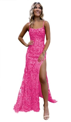 RUMUGUYA Women's Sequin Mermaid Square Neck Prom Dress with Slit Glitter Spaghetti Straps Long Ball Gown for Women Party Hot Pink 00