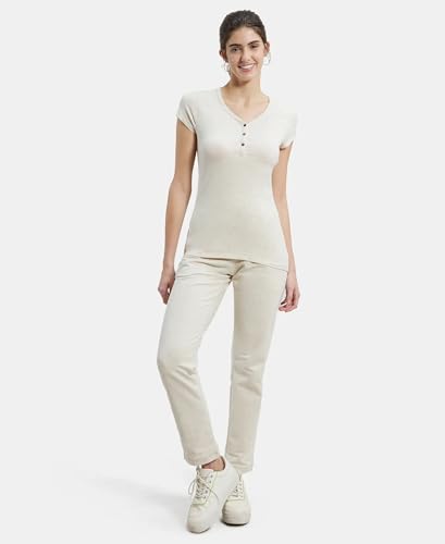 Image of Jockey UL03 Women's Super Combed Cotton Elastane Stretch Slim Fit Solid V Neck Henley Styled Half Sleeve T-Shirt
