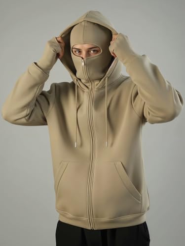 Image of ADRO Men Balaclava Hoodies | 320 GSM Soft Cotton Zipper Hoodie | Thumb-Hole Cuff Gloves | Travel Jacket with Hood | Winter Sweatshirt