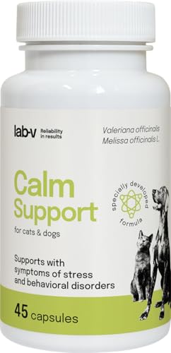 Lab-V Calm Support, 45 Cápsulas Calmante para Perros y Gatos, Calmante Natural Perros con Valeriana, Melissa y L-Triptófano, Antiestrés para Perros en Conducción, Año Nuevo y Viajes