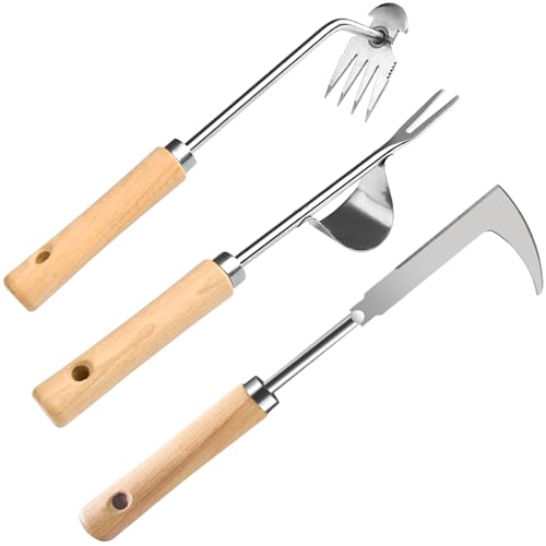 GANCHUN Weed Puller Tool, 3 Pack 2025 New Garden Stainless Steel Weeder Tool Hand Weeder Tool,Multi-Purpose Weed Remover Tool Weeding Tools for Gardening(Wooden Handle)