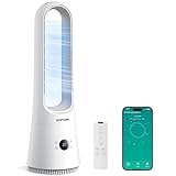 KOMORE Bladeless Tower Fan, 8 Speeds, 9H Timer, Tower Fan for Bedroom, Silent DC Motor, 90°Oscillating Bladeless Fan with Remote/APP, Safe Design Cooling Fans for Home, Office, Living Room, White