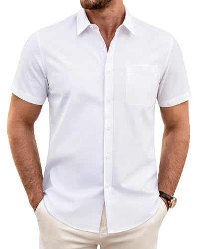 J.VER Mens Button Down Short Sleeve Shirt Stretch Casual Shirt Summer Solid Untucked Formal Shirt with Pocket White