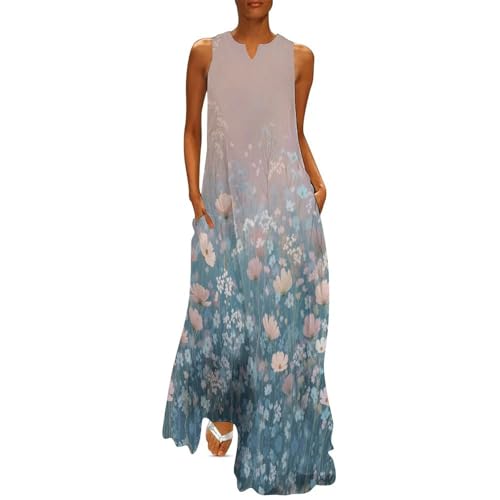 Robe longue d'été fleurie col en v bleu poudré dégradé fluide et élégante pour la plage et vos vacances