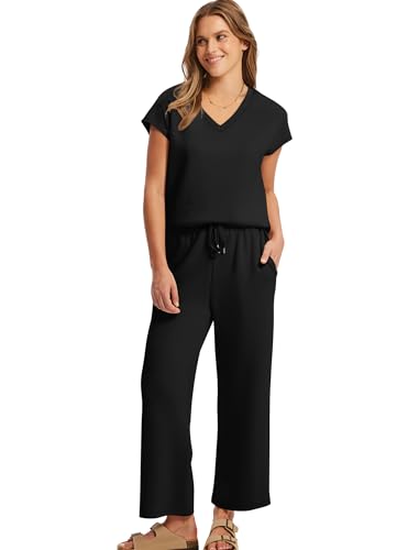 Image of Saloogoe Two Piece Sets for Women Summer Outfits Lounge Sets V Neck Tops Wide Leg Pants Woman Vacation Travel Outfits