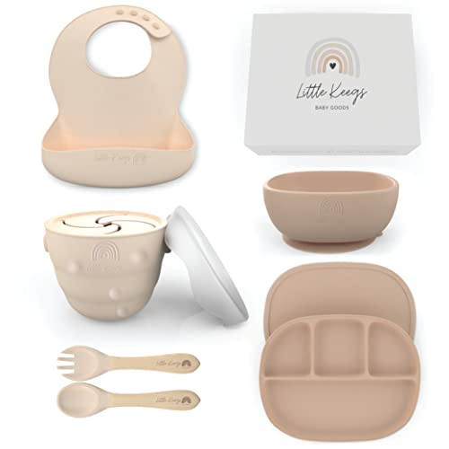 Image of Little Keegs Baby Feeding Set - Baby Must Haves Gift Set - Baby Led Weaning Supplies - Toddler Silicone Feeding Set - Suction Baby Bowl, Bib, Snack Cup, Utensils, Baby Plate Set of 8 (Beige)
