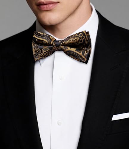 Image of Dubulle Mens Paisley Striped Bowtie Set Pre-tied Bowtie for Men and Pocket Square Set Wedding Business