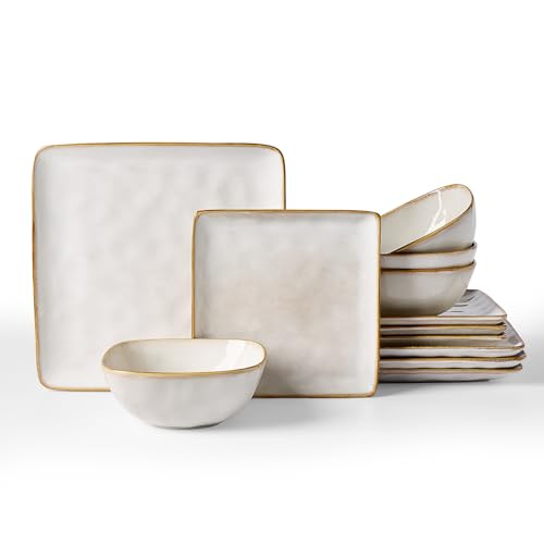 Famiware Dinnerware Sets for 4, Ocean Square 12-Piece Kitchen Plates and Bowls Sets, Reactive Glaze, Microwave and Dishwasher Safe, Scratch Resistant, Cappuccino White Famiware Dinnerware Sets for 4, Ocean Square 12-Piece Kitchen Plates and Bowls Sets, Reactive Glaze, Microwave and Dishwasher Safe, Scratch Resistant, Cappuccino White