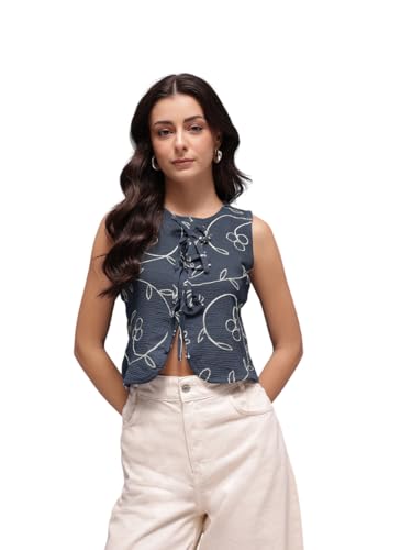 Image of Amazon Brand - INKAST Women Textured Sleeveless Peplum Tunic Top|Round Neck Multi-Tie Front Blouse|Casual Wear|