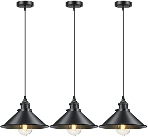 Licperron Industrial Pendant Light E26 E27 Base, Vintage Black Hanging Light Fixtures, Retro Bar Adjustable Pendant Lighting Fixtures for Kitchen Living Room, 3 Pack