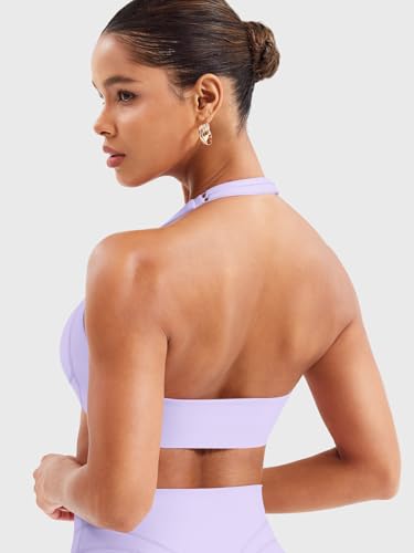 Image of YEOREO Women Halter Sports Bra Light Support V Neck Padded Strappy Open Back Workout Gym Tops