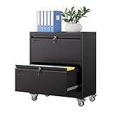 METAN Upgrade 2 Drawers Lateral File Cabinet on Wheels,Steel Office Filing Storage Cabinet with 2 Locks,Assembly Required,Black