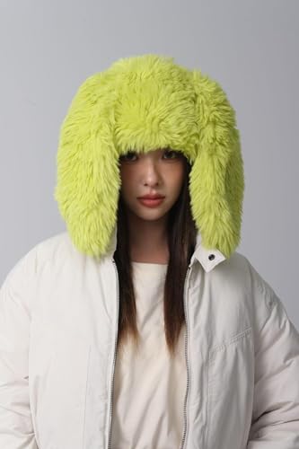 Chapeau seau oreilles de lapin bonnet flou hiver 2025 chaud vert clair - 4