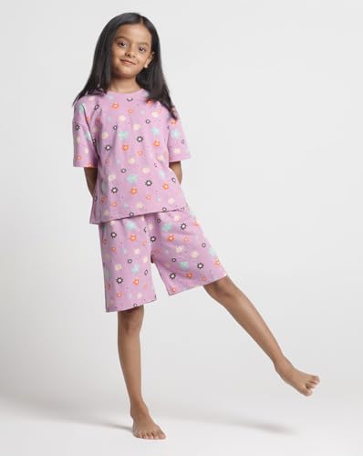 Image of T2F Girls Cotton Printed DropShoulder Ovesized Fit T-Shirt and Shorts Clothing Set (Pack of 3)