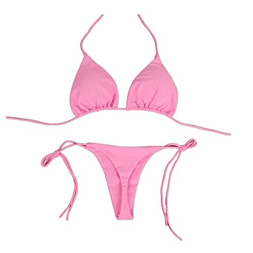 Sexy Women's Two Piece Bikini Set Halter Bikini Bra Top With Tie Side G-String Thong Triangle Swimwear Bathing Suit (Pink, M) #TOP4