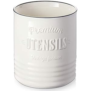 DOWAN Keukengerei houder voor aanrecht, 7,2 ″ groot keramisch gebruiksvoorwerp Crock, Vintage boerderij keukendecoratie, diep en stabiel, tafelbescherming kurkmat, gemakkelijk schoon te maken, wit kookgebruiksvoorwerp houder