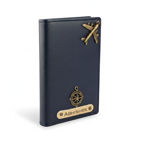 Image of Personalised Name & Charm Leather Passport Cover Holder for Men & Women (NavyBlue) | Birthday Gifts for Men