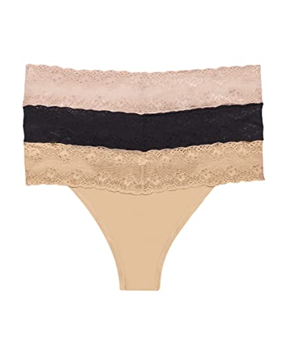 Natori Women's Bliss Perfection:O/S Thong 3PK Underwear, Cameo Rose/Black/Caffe, OS