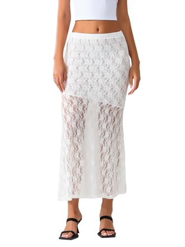 Women Lace Long Skirt High Waist See Through Midi Skirts Summer Elegant Beach Party Slim Fit Maxi Skirts
