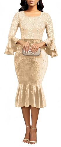 Image of Midi Lace Dress for Women Sexy Bodycon Fishtail Dress Elegance Cocktail Party Banquet Church Outfits