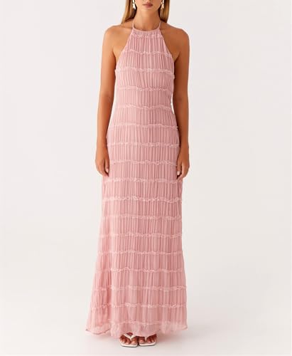 Image of Women Halter Ruched Maxi Dress Backless Sleeveless Long Dress Bodycon See Througn Pleated Sundress Beachwear