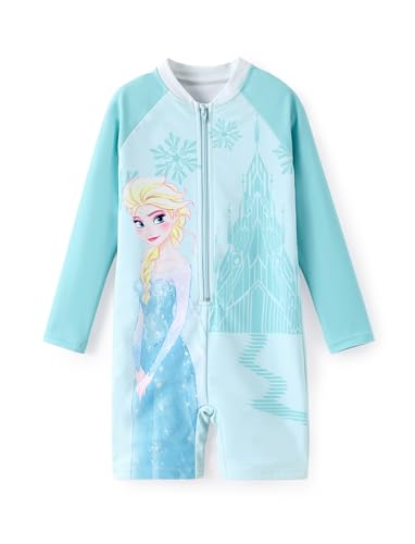 Disney Frozen Elsa Swimsuits for Toddler Girls Long Sleeves Zipper Rashguard Bathing Suits Water Play UPF 50 Swimwear Blue Quick Dry for Little Girls Size 4-5 Years
