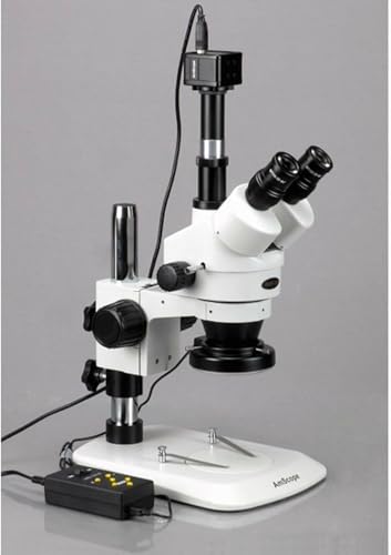 Image of AmScope SM-1TNZ-144A-5M Digital Professional Trinocular Stereo Zoom Microscope, WH10x Eyepieces, 3.5X-90X Magnification, 0.7X-4.5X Zoom Objective, Four-Zone LED Ring Light, Pillar Stand, 110V-240V, Includes 0.5X and 2.0X Barlow Lenses and 5MP Camera with Reduction Lens and Software