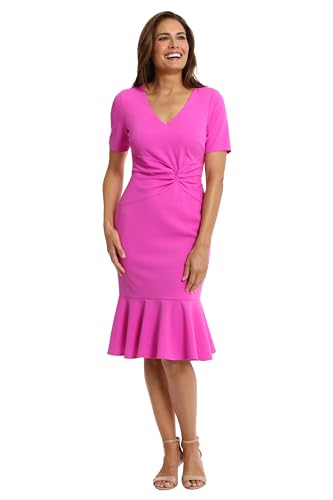 Image of London Times Women's V-Neck Dress - Flounce Hem, Twist Waist, Elegant Office & Event Wear