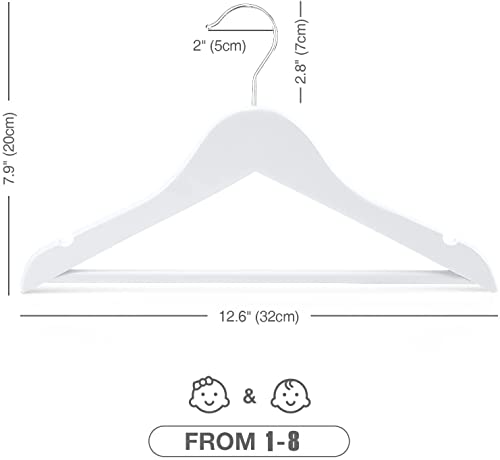 Image of HOUSE DAY Wooden Kids Hangers - 20 White Painted & Varnished Kids Coat Hangers - 3-15 Years - Rotatable & Notched - 35.5cm Width - Max 3.5kg Weight
