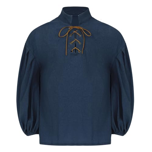 Runhomal Halloween Fiesta Temática Camisa Pirata Medieval Niño Traje Renacimiento Top Manga Larga Cuello Alto Camisa Casual Vintage 5-12 Años, azul marino, 11-12 Años