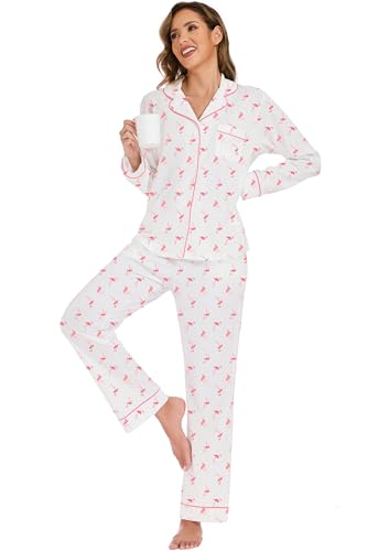 Image of LUBOT 100% Cotton Pajamas for Women Pajama Set 2 Piece PJ Sleepwear Set Soft Ladies Button Knit Long Sleeve Loungewear XS-XXL
