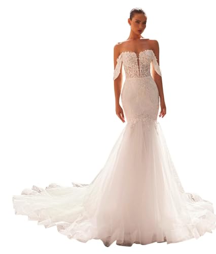 Zeeyecie Off Shoulder Tulle Wedding Dresses Mermaid Lace Applique V-Neck Sparkly Bridal Gowns with Train for Brides
