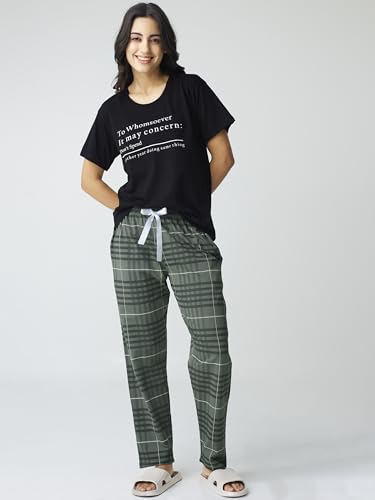 Image of Night Suit for Womens Checks Printed Cotton Night Dress of Top and Pajama Set 9410