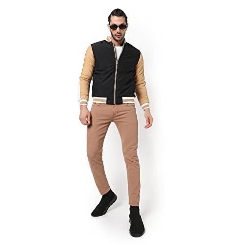 Image of Campus Sutra Men's Tan & Black Colour-Blocked Puffer Regular Fit Bomber Jacket For Winter Wear | Low-Cut Standing Collar | Full Sleeve | Zipper | Casual Jacket For Man | Western Stylish Jacket For Men