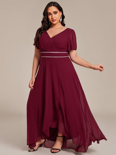 Image of Ever-Pretty Plus Women's Chiffon V-Neck Beading Ruffles Sleeves Maxi High Low Plus Size Formal Dresses