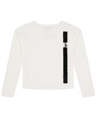 Calvin Klein Girls' Long Sleeve Pullover Crew Neck T-Shirt, Soft & Comfortable, White Vertical, 7