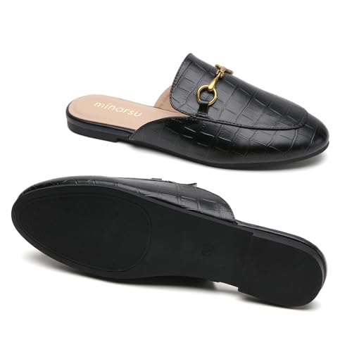Image of Minorsu Buckle Mules for Women Flats Loafers Shoes for Work Office Business | Slip on,Round Toe,Backless,Slides, Casual