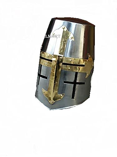 Medieval Knight Templar Brass Crusader Helmet Warrior Helmet Wearable for Adult Medieval Costumes Silver