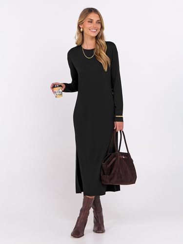 ANRABESS Long Sleeve Midi Dresses for Women Fall Fashion Casual Vacation Crewneck Loose Split Striped Long Tshirts Dress3
