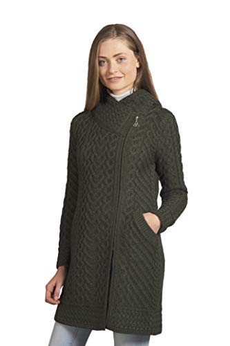 Aran Crafts Women's Cable Knit Wool Long Hooded Side Zip Coat (HD4918-SM-AGRE) Army Green