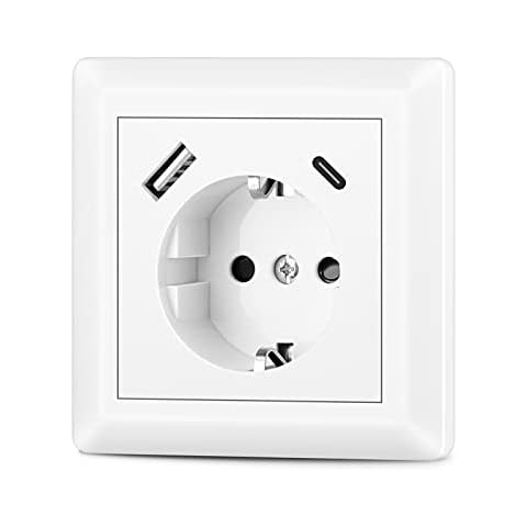 Steckdose mit USB Anschluss und Typ C (Max. 3.4A) System 55 Reinweiß Glänzend Schuko USB Steckdose Unterputz Schutzkontaktsteckdose Wandsteckdose für Smartphone Tablet, Sockeltiefe nur 32mm Cover