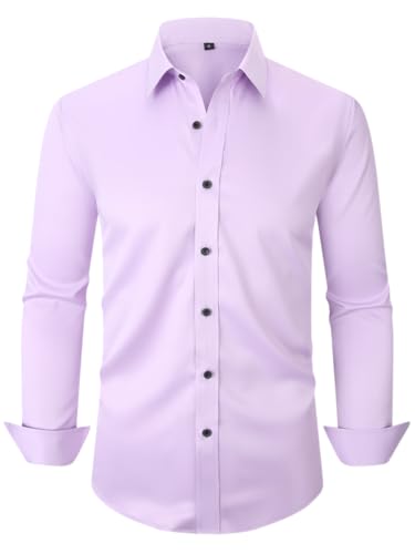 Lumilk Mens Long Sleeve Dress Shirts Stretch Wrinkle Free Button Down Shirt Business Wedding Formal Shirts Regular Fit Lavender Purple Large