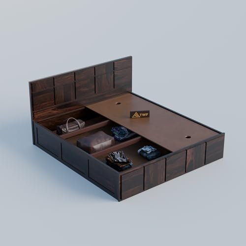 Image of Solid Sheesham Wood Queen Size Bed with Storage Box | Double Bed for Bedroom | Plan Panel Design Wooden Double Bed Cot for Home & Hotels | Rosewood, Walnut Finish