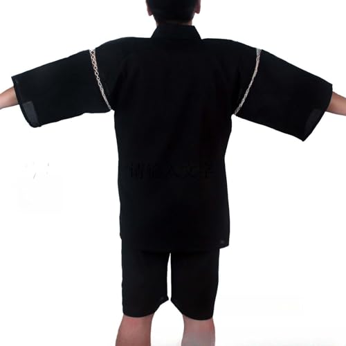 ZEALMAX Men's Kimono Japanese Shirt and Shorts Suit, Cotton Linen Loungewear Lounge Set Spa Bathrobe, Black3