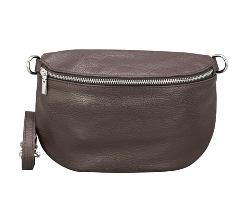 Brise Art Bauchtasche Damen Echtleder AFIA Silber Handgemachte Umhängetasche Crossbody Bag mit Ledergurt 3 Fächer Hüfttasche Gürteltasche Made in Italy (Dunkelbraun-Silber 1)