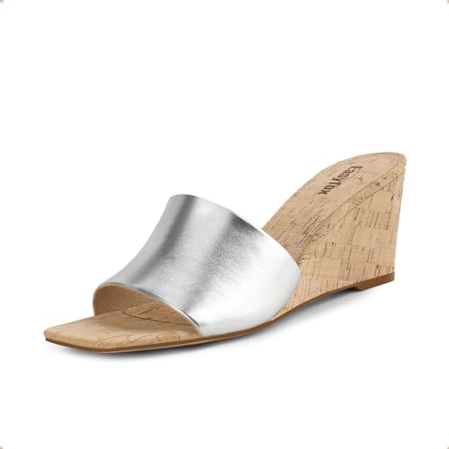 Easyfox Wedge Sandals for Women Open Toe Wedge Heels Womens High Heel Sandal Square Toe Heeled Wedge Sandals Wood Grain Slip on Wedge Mules