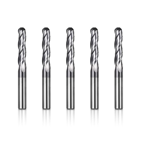 Genmitsu 5pcs Ball Nose End Mills CNC Router Bits, 1/4 Shank Tungsten Steel CNC Cutter with 3-Flute Carving Bit Set, 3” Overall Length, TiAlN Coated, for Aluminum, Metal, Plastic, MDF, Wood, 3BNC05