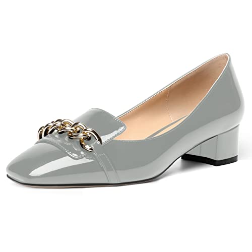 MOVINSTEPS Womens Square Toe Patent Metal Chain Office Slip On Loafers Dress Chunky Low Heel Pumps Shoes 1.5 Inch